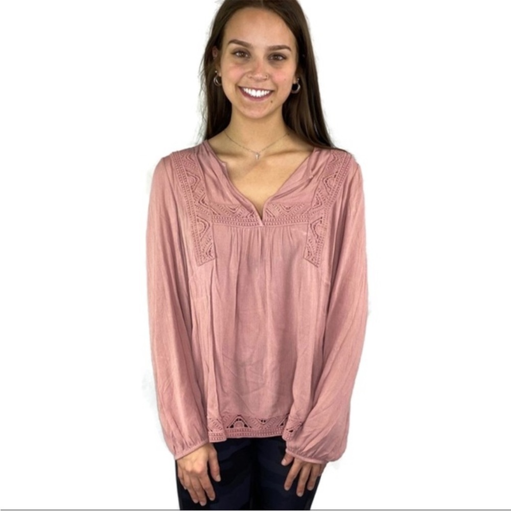 Pale Sky Dusty Rose Peasant Embroidered Top Size XL